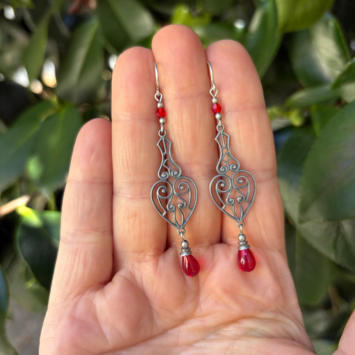 Red Antique Czech Glass Drop Earrings from Owen Glass Collection featuring elegant, vintage-inspired glass drops in a classic style.
