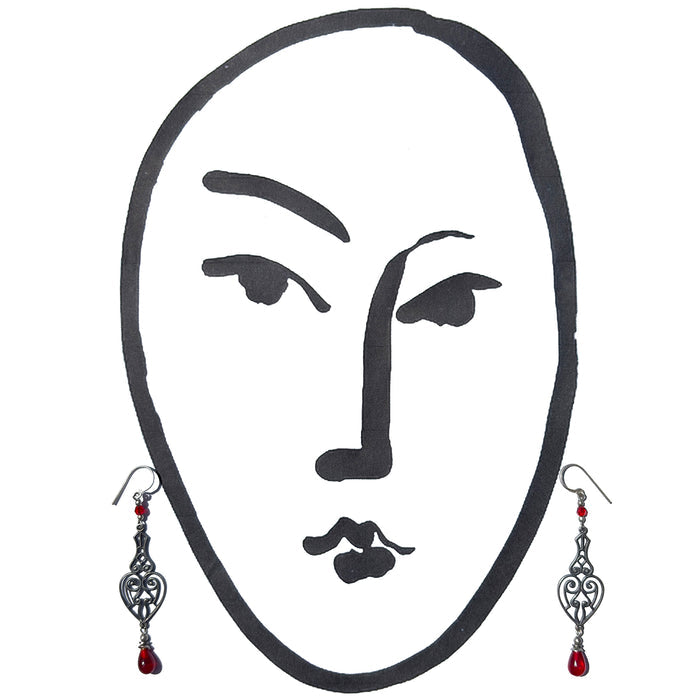 Red antique Czech glass drop earrings from Owen Glass Collection featuring elegant, handcrafted opera-style jewelry.