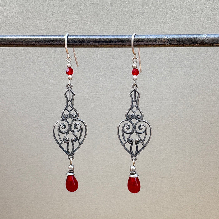 Red antique Czech glass drop earrings from Owen Glass Collection featuring elegant, handcrafted glass earrings with a vintage style.