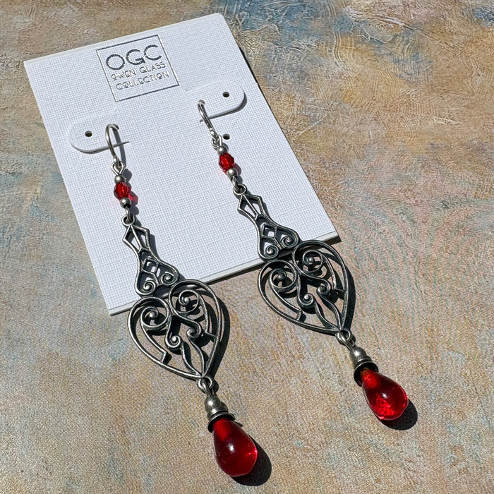 Red antique Czech glass drop earrings from Owen Glass Collection featuring elegant, handcrafted glass jewelry with intricate details.