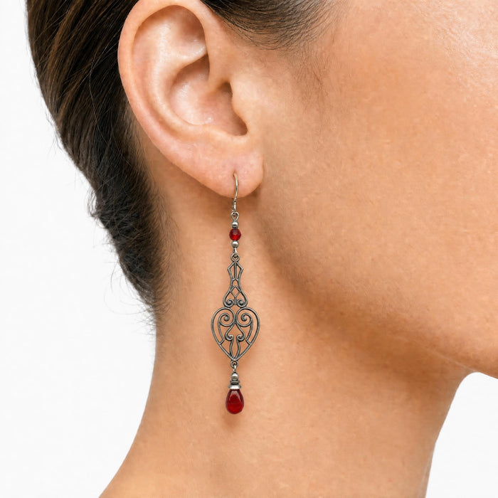 Red antique Czech glass drop earrings from Owen Glass Collection featuring elegant teardrop shapes and intricate craftsmanship.