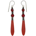 Red frosted Czech glass prism earrings from Owen Glass Collection, showcasing vibrant, geometric jewelry design.