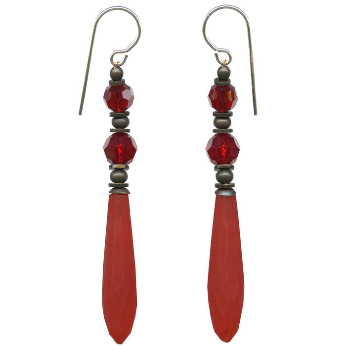 Red frosted Czech glass prism earrings from Owen Glass Collection, showcasing vibrant, geometric jewelry design.