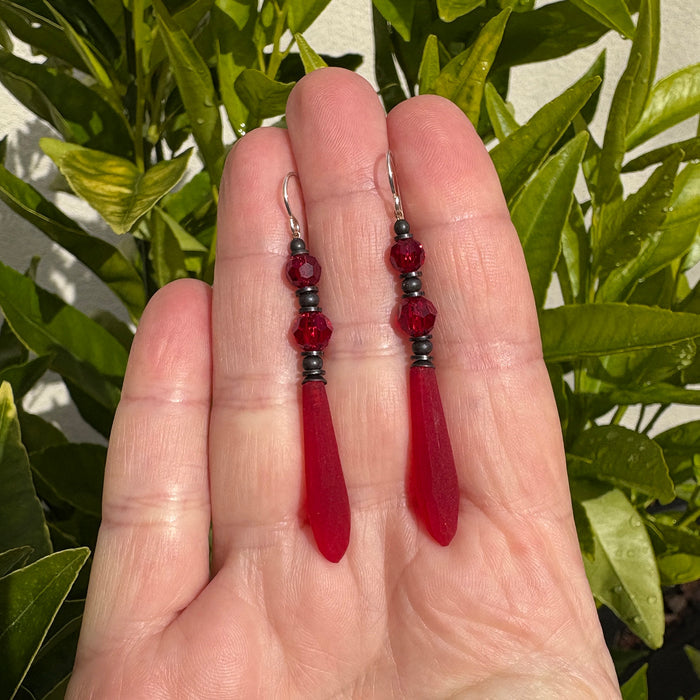 Red frosted Czech glass prism earrings from Owen Glass Collection, featuring a stylish and vibrant jewelry design.