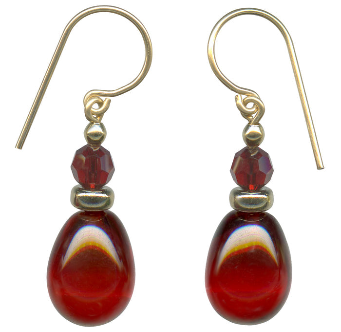 Red German glass and crystal drop earrings from Owen Glass Collection featuring elegant, shimmering glass and crystal design.