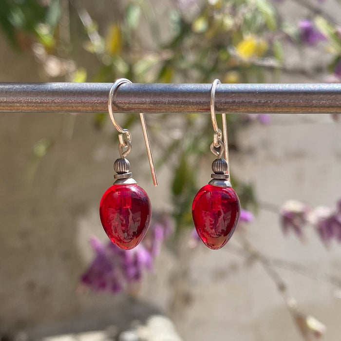 Red German glass drop earrings with mini berry design from Owen Glass Collection, featuring vibrant glass beads and elegant craftsmanship.