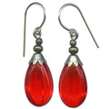 Red German glass drop earrings with seedpod design from Owen Glass Collection, featuring vibrant glass teardrops.