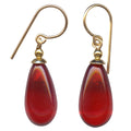 Red German glass and gold dangle earrings from Owen Glass Collection, featuring bright, colorful glass and elegant gold accents.