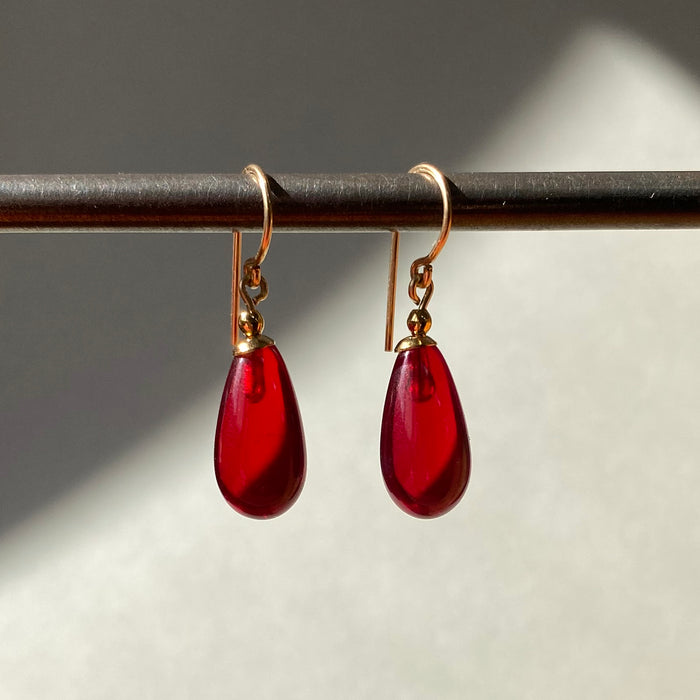 Red German glass and gold dangle earrings from Owen Glass Collection, featuring vibrant, handcrafted glass and elegant gold accents.