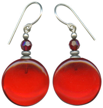 Red glass, crystal, and silver earrings from Owen Glass Collection featuring window-inspired design.