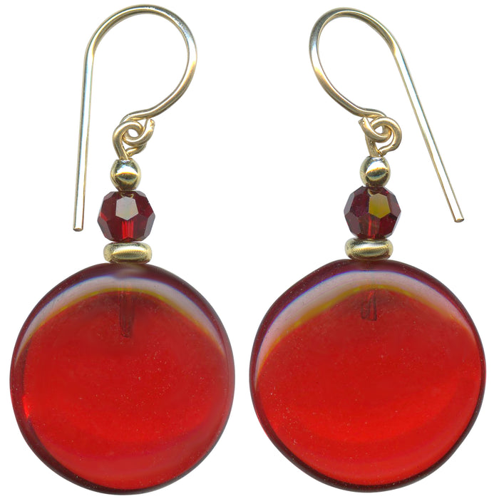 Red glass, gold, and crystal dangle earrings from Owen Glass Collection featuring window-inspired design.