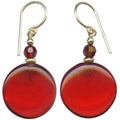 Red glass, gold, and crystal dangle earrings from Owen Glass Collection featuring window-inspired design.