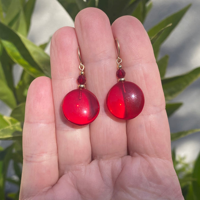Red glass, gold and crystal dangle earrings from Owen Glass Collection with window-inspired design.