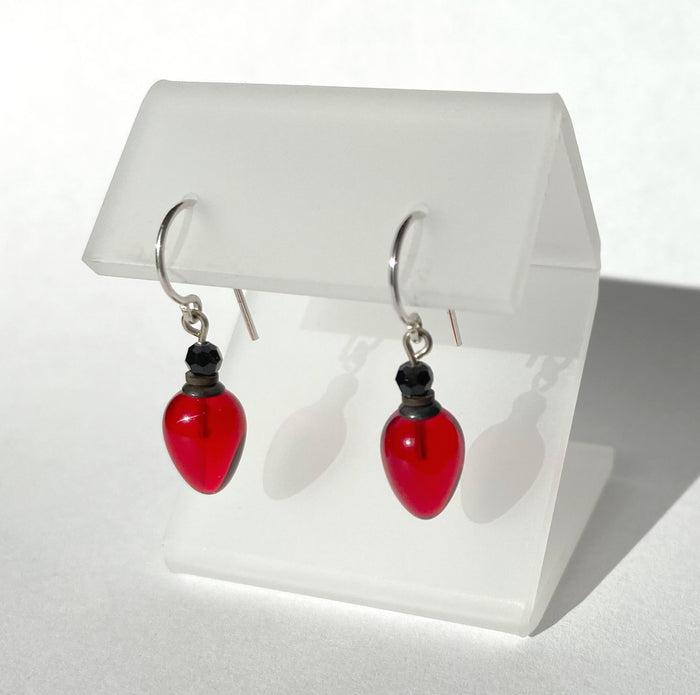 Red glass earrings with jet Austrian crystals from Owen Glass Collection, featuring a stunning plums design.