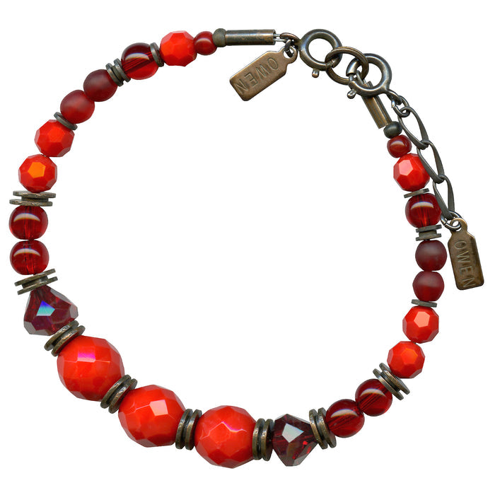 Beaded bracelet with red tones, Czech glass, crystal accents, and bronze details from Owen Glass Collection.