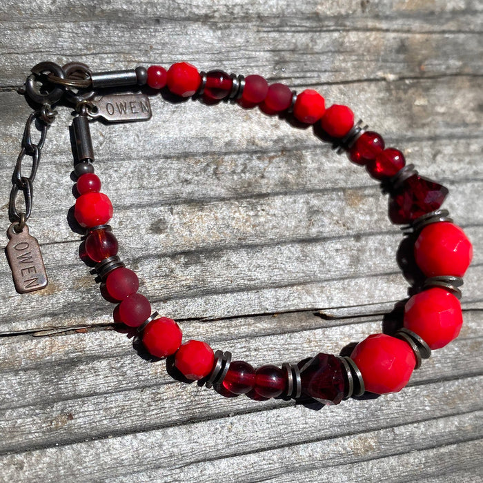 Red Tones beaded bracelet by Owen Glass Collection featuring Czech glass, crystal beads, and bronze accents.