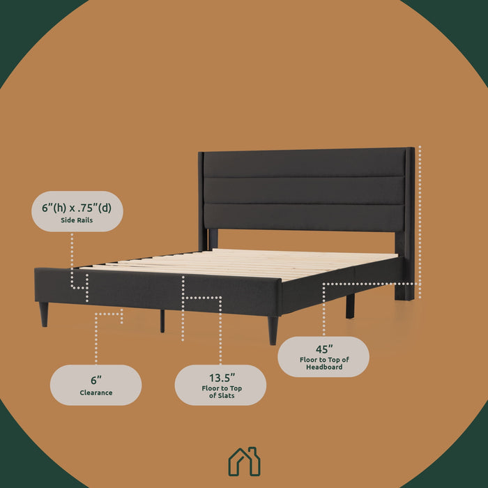 Rest Haven Renton Upholstered Channeled Platform Bed, King, Charcoal - Brand New