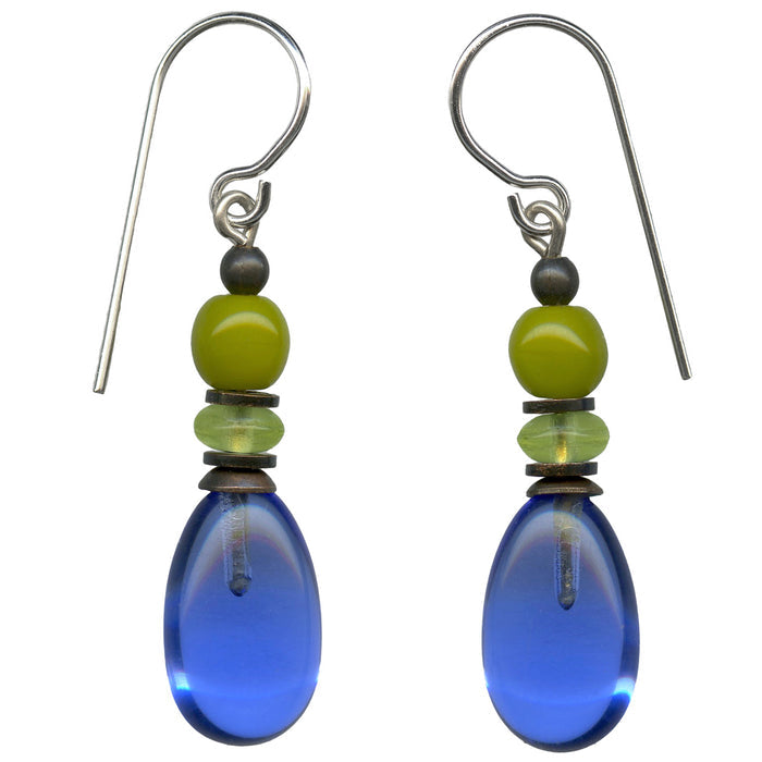 Sapphire German glass and Czech glass dangle earrings with raindrop design from Owen Glass Collection.