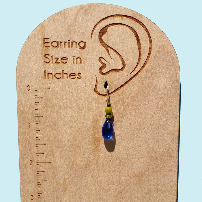 Sapphire German glass and Czech glass dangle earrings with raindrop design from Owen Glass Collection, featuring vibrant blue and clear glass.