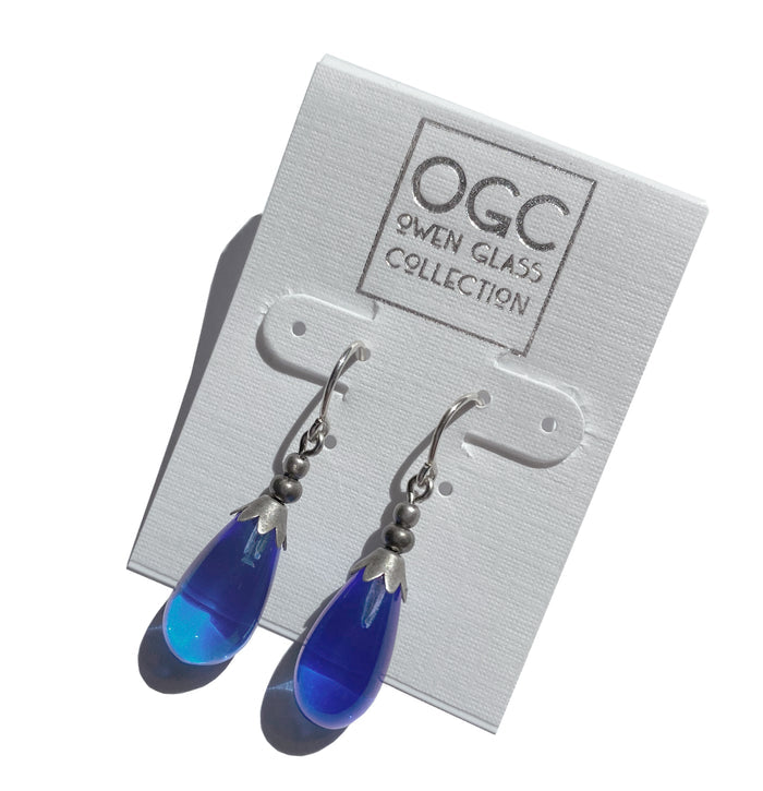 Silver Sapphire German Glass Drop Earrings from Owen Glass Collection featuring bright, reflective glass drops in a sleek design