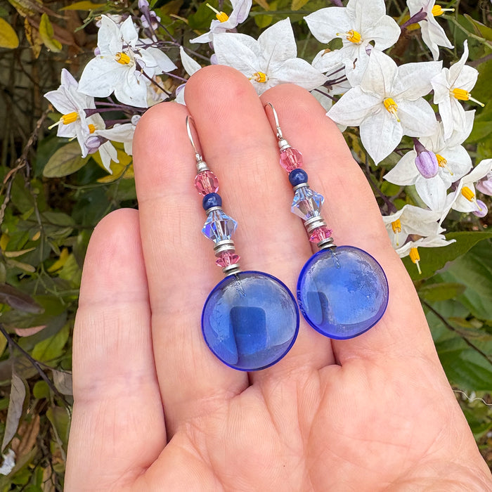 Owen Glass Collection Mosaic 9 sapphire glass and pink crystal drop earrings with intricate mosaic design and elegant dangle style