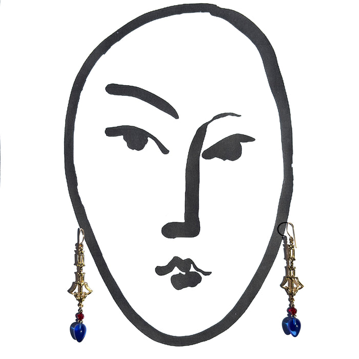 Owen Glass Collection sapphire glass, red crystal, and gold filigree earrings featuring intricate design and vibrant colors.