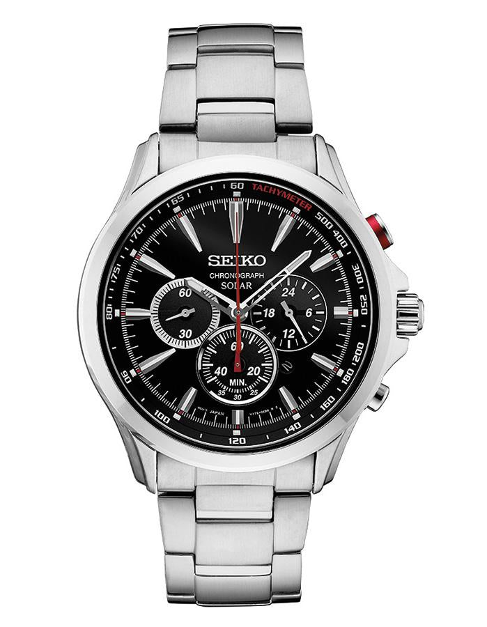 Seiko Mens Solar Chronograph - Stainless Steel - Bracelet - Tachymeter - SSC493