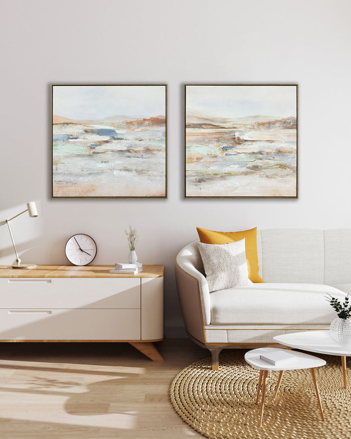 "Serene Horizons I" Hand-Embellished Canvas In Frame - Gray / Orange / Blue