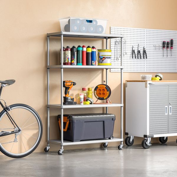 Seville Classics HOME 4-Tier Steel Shelving with Shelf Liners, 36" W x 14" D x 56.5" H, Platinum - Brand New