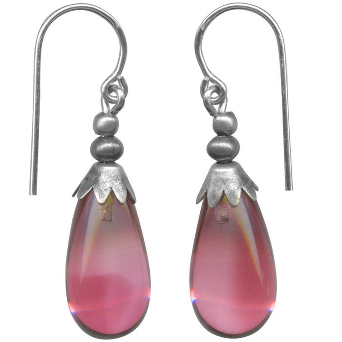 Silver Brights 3-inch pink glass dangle earrings by Owen Glass Collection with shiny silver hooks and vibrant pink glass beads.