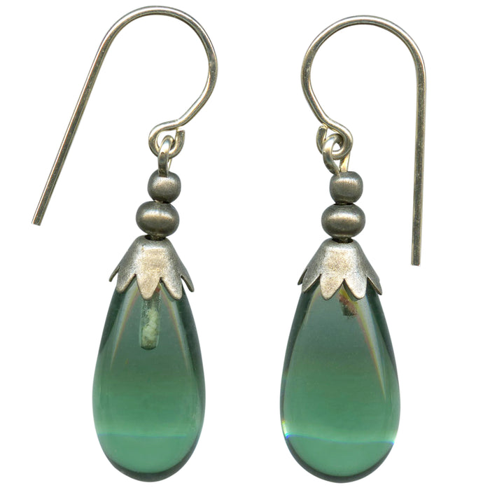 Silver Brights 39 Owen Glass Collection green tourmaline glass earrings with silver accents, elegant and vibrant jewelry.