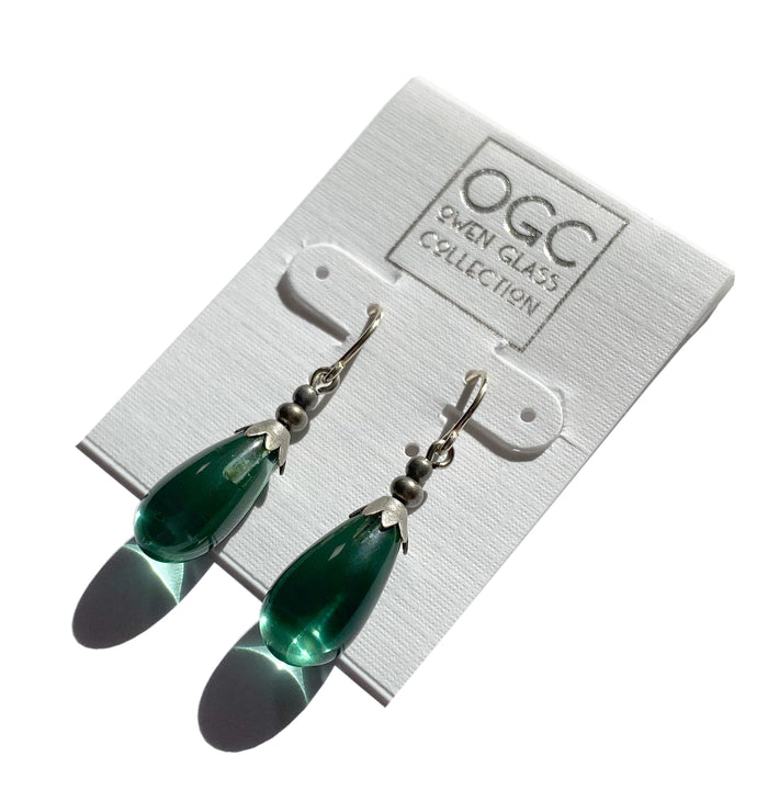 Silver Brights 39 Owen Glass Collection green glass earrings featuring tourmaline-inspired design and silver accents.