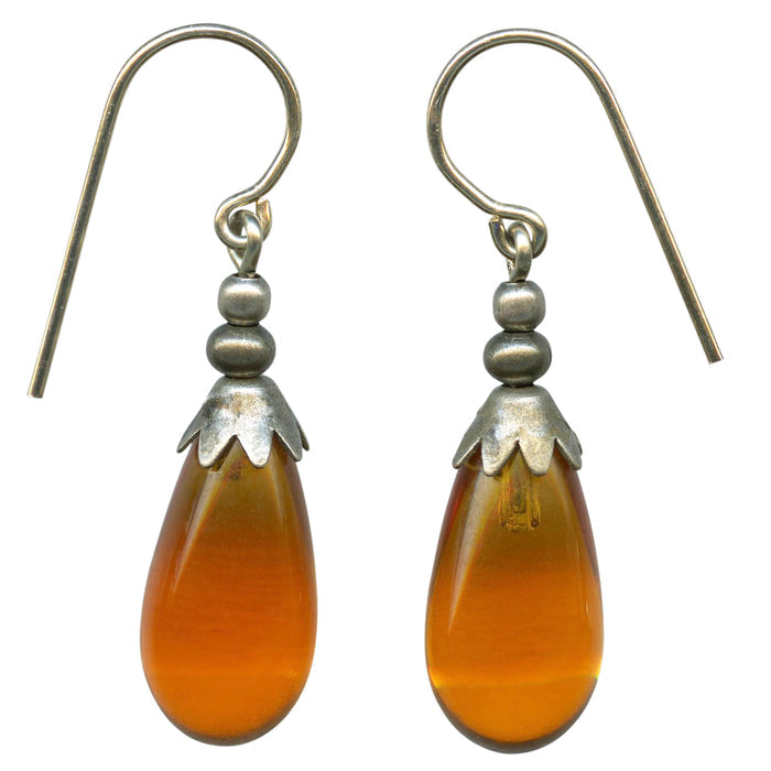 Silver Brights 4-inch Topaz glass dangle earrings by Owen Glass Collection featuring shimmering silver and vibrant topaz glass.