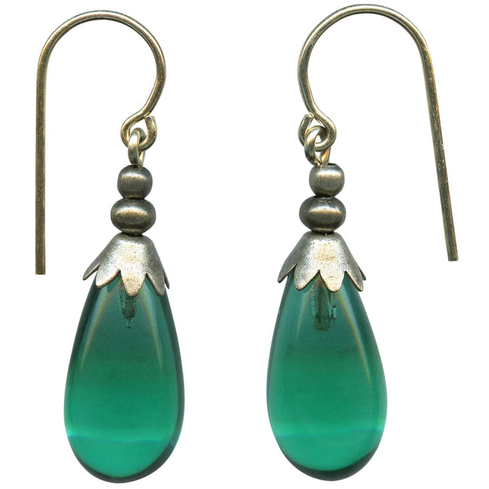 Silver Brights 40-inch teal glass dangle earrings from Owen Glass Collection, featuring long, shimmering glass earrings with silver accents.