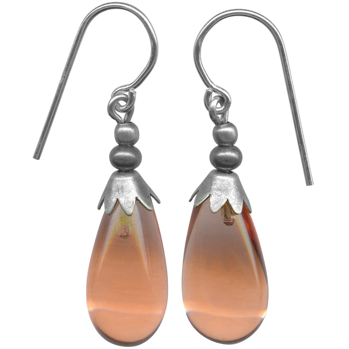 Silver Brights 5-inch peach glass dangle earrings by Owen Glass Collection featuring silver hooks and vibrant glass beads.