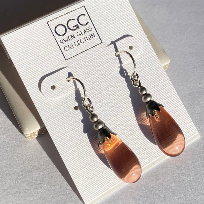 Silver Brights 5-inch peach glass dangle earrings from Owen Glass Collection featuring vibrant, handcrafted glass earrings.