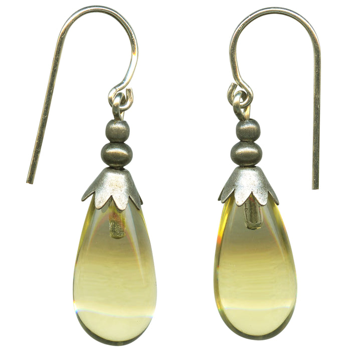 Silver Brights 6-inch yellow glass dangle earrings from Owen Glass Collection, featuring vibrant yellow glass with silver accents.