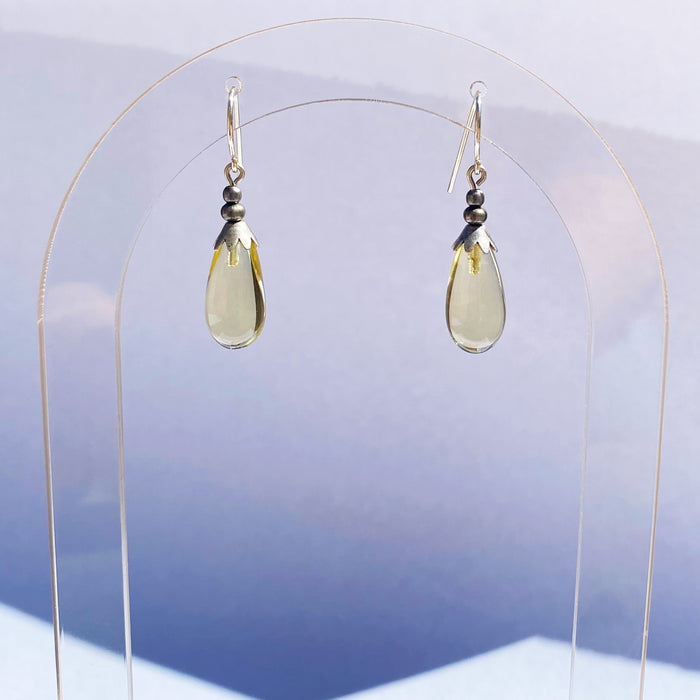 Silver Brights 6-inch yellow glass dangle earrings from Owen Glass Collection featuring vibrant glass beads and silver hooks.