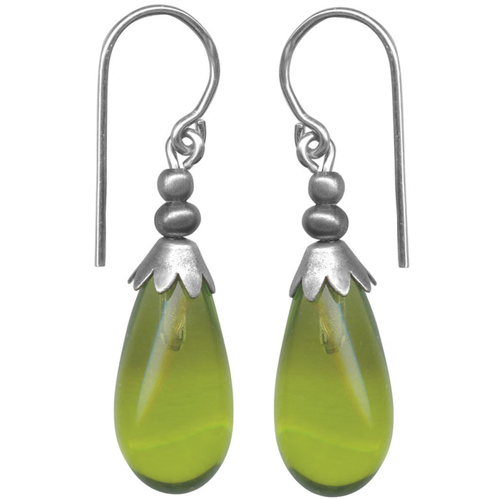 Silver Brights 7-inch green glass dangle earrings from Owen Glass Collection, featuring vibrant green glass with silver accents.