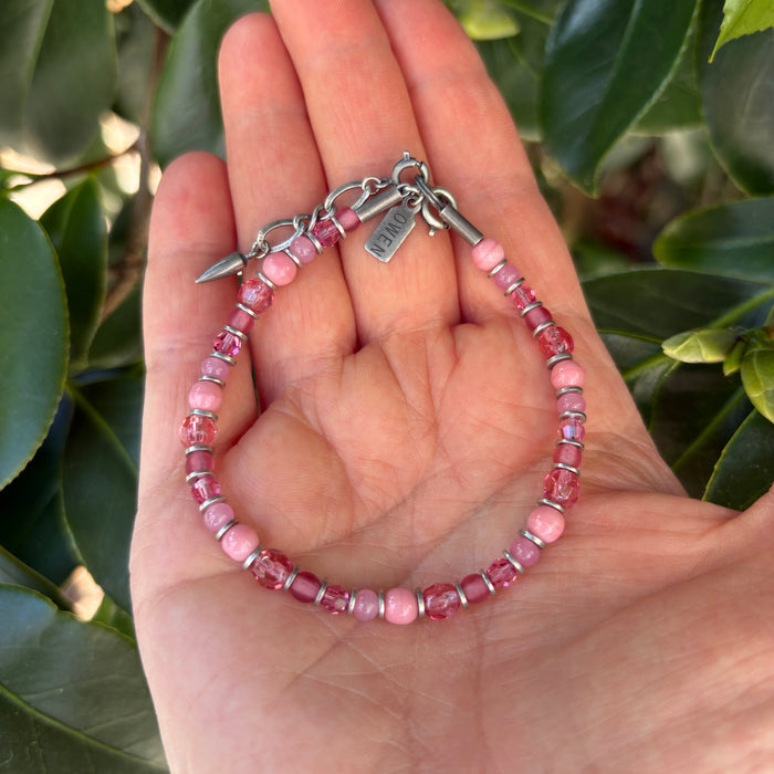 Silver Brights Light Rose beaded bracelet by Owen Glass Collection featuring silver beads and light pink accents.