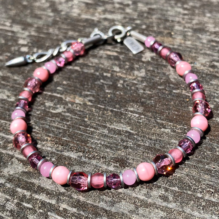 Silver Brights light rose beaded bracelet from Owen Glass Collection featuring silver and pink beads.