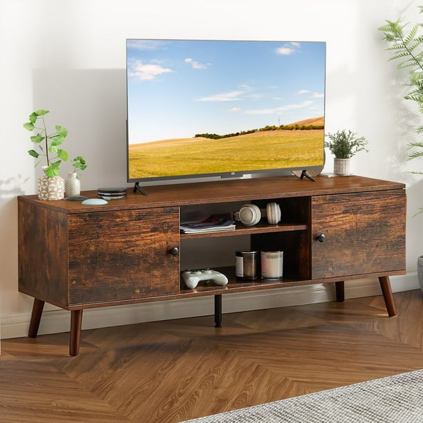 Simenmax TV Stand for 55 60 inch TV, Modern Mid Century Entertainment Center with Storage, Brown - Brand New