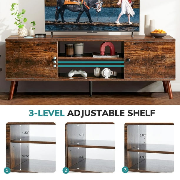 Simenmax TV Stand for 55 60 inch TV, Modern Mid Century Entertainment Center with Storage, Brown - Brand New