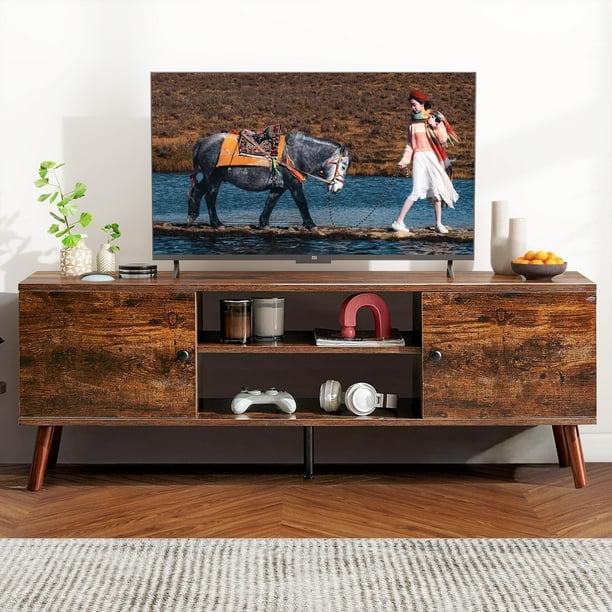 Simenmax TV Stand for 55 60 inch TV, Modern Mid Century Entertainment Center with Storage, Brown - Brand New