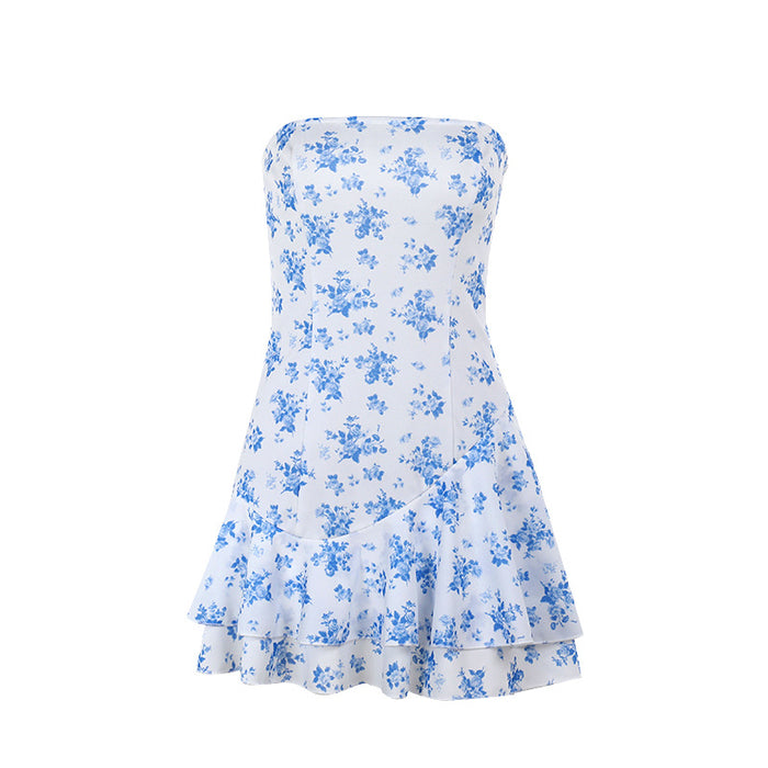Slim fit printed strapless A-line dress