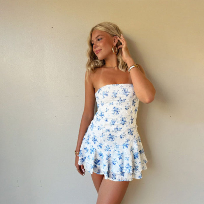 Slim fit printed strapless A-line dress