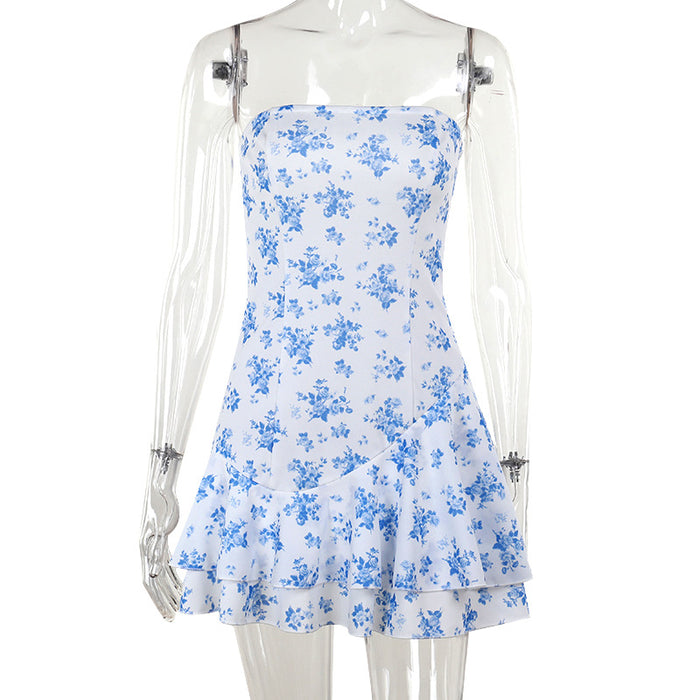Slim fit printed strapless A-line dress