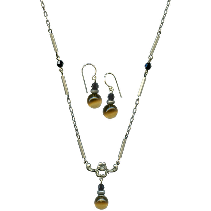 Owen Glass Collection Hyde Park 6 jewelry set with smoke topaz and jet earrings and matching necklace displayed on a white background.