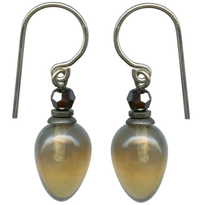 Smoke Topaz glass and hematite crystal dangle earrings from Owen Glass Collection, featuring plums design and intricate details.