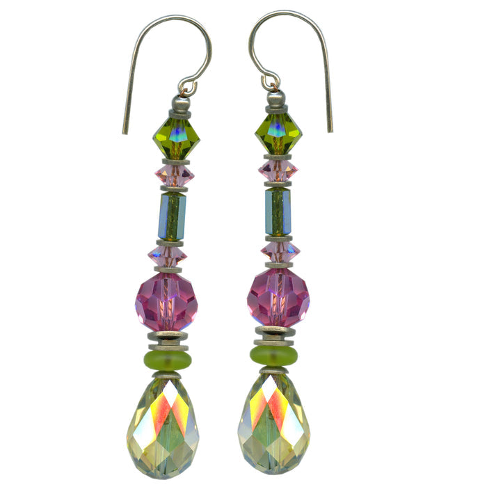 Iridescent yellow crystal earrings from Owen Glass Collection, featuring splash 11 design with sparkling, colorful glass stones.